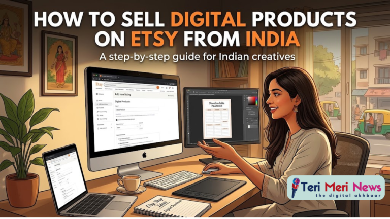 generate a feature image fo my blog post: "How to Sell Digital Products on Etsy from India"