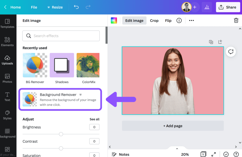 Canva design editor open with background remover tool applied to product photo